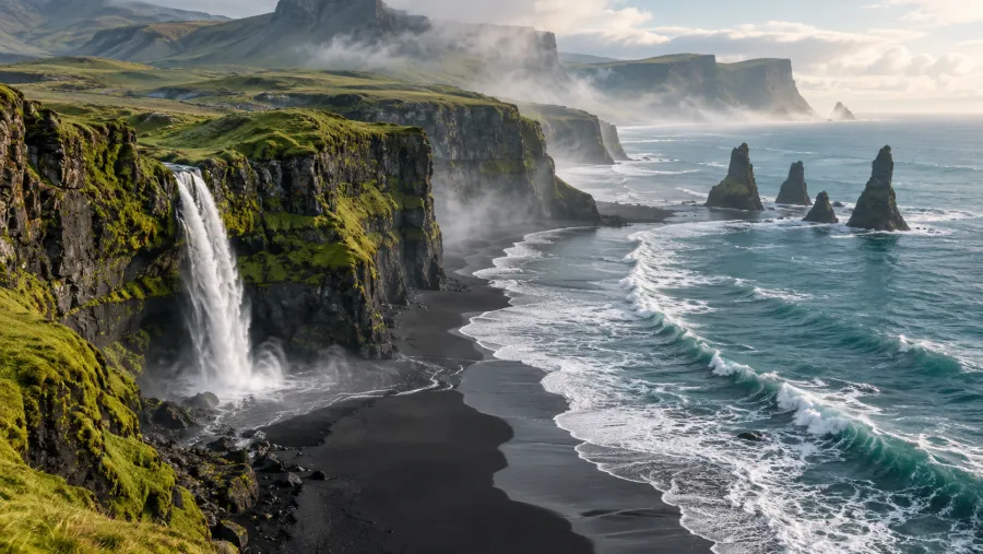 A waterfall flowing from green Icelandic cliffs onto a black sand coast
